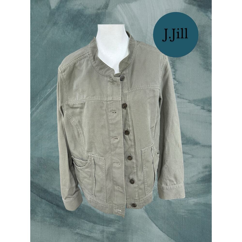 J.Jill Olive Green Denim Button Utility Jacket Medium Petite 100% Cotton